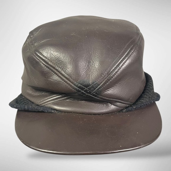 Vintage Union Made Leather Ear Flap Winter Cap Dark Brown Mens Mid Century‎